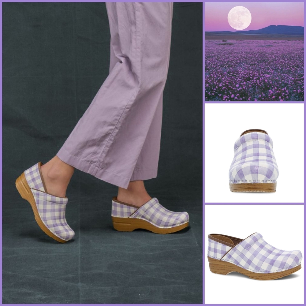 Gingham Dansko Pro Lavender Honey Plaid Checker Clogs Boho Cottage Whimsy 36 38